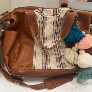 Nena & Co. Tan Leather & Cream Woven Stripe Shoulder Bag with Multicolor Tassels